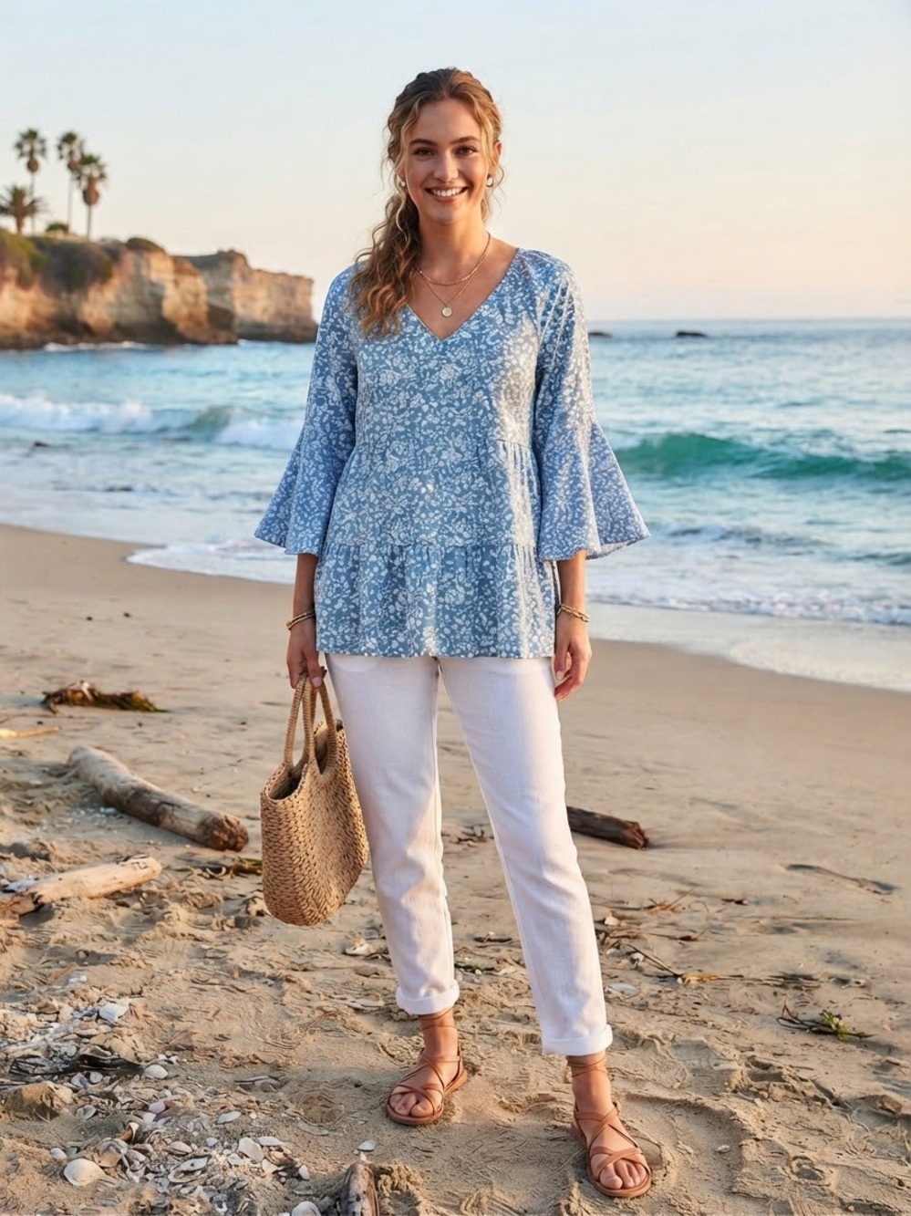 Chic Soul Light Blue Floral Peplum Blouse